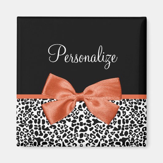 Chic Leopard Print Burnt Oranje Bow met naam Magneet (Voorkant)