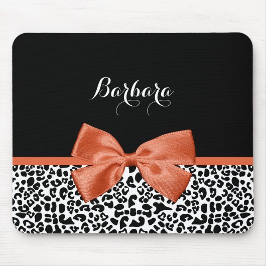 Chic Leopard Print Burnt Oranje Bow met naam Muismat (Voorkant)