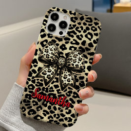 chic leopard print coquette bow monogram iPhone 16 hoesje