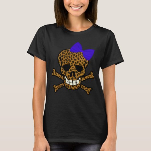 Chic Leopard Print Pirate Skull Blue Bow T-shirt (Voorkant)
