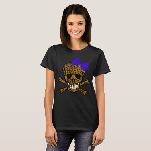 Chic Leopard Print Pirate Skull Blue Bow T-shirt (Voorkant volledig)