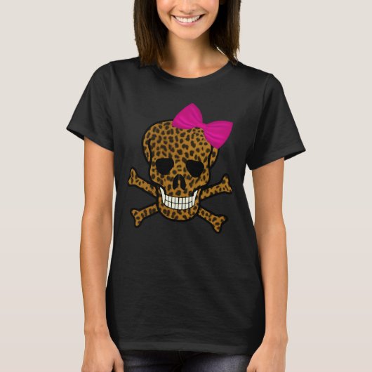 Chic Leopard Print Pirate Skull Pink Bow T-shirt (Voorkant)