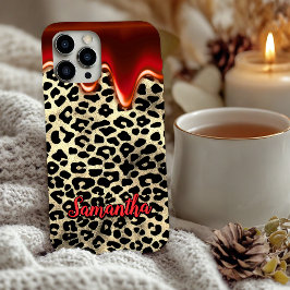 chic leopard print red dripping monogram Case-Mate iPhone 16 Hoesje