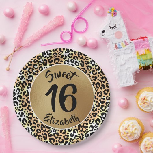 Chic Leopard Print Sweet 16 verjaardag Papieren Bordje (Feest)