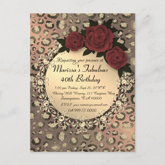 Chic Leopard Roos Fabulous 40th Birthday Briefkaart (Voorkant)
