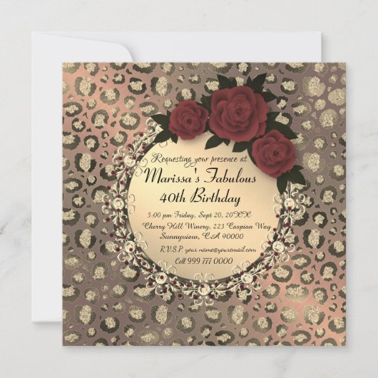 Chic Leopard Roos Fabulous 40th Birthday Kaart (Voorkant)