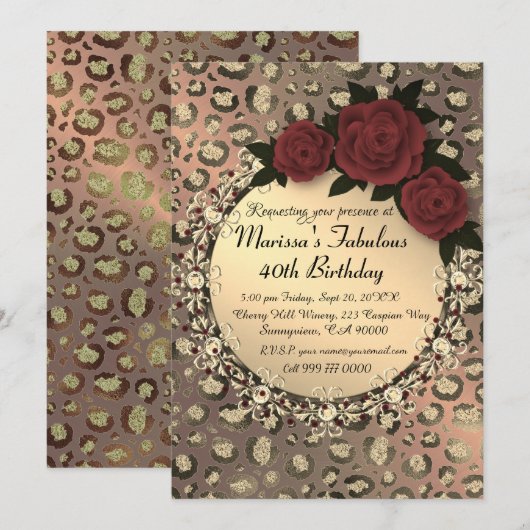 Chic Leopard Roos Fabulous 40th Birthday Kaart (Voorkant / Achterkant)