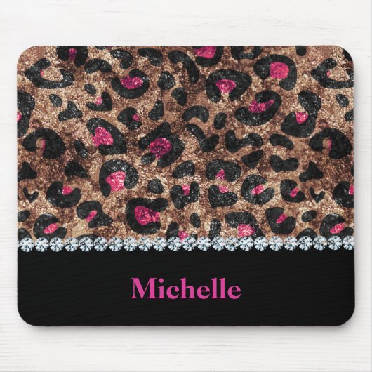 Chic leopard roze dierdiamant gepersonaliseerd muismat (Voorkant)
