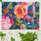 Chic levendige rozen patroon monogram naam theedoek (Gevouwen)