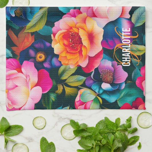 Chic levendige rozen patroon monogram naam theedoek (Gevouwen)