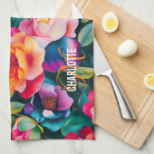 Chic levendige rozen patroon monogram naam theedoek (Quarter Fold)