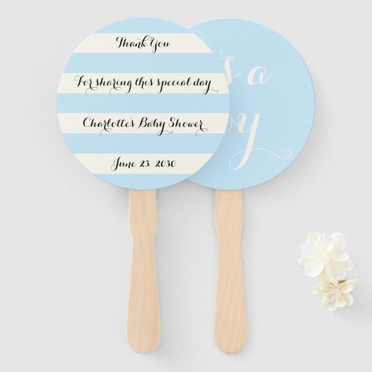 Chic lichtblauw ivoor stripescript Baby shower Handwaaier (Voorkant en achterkant)