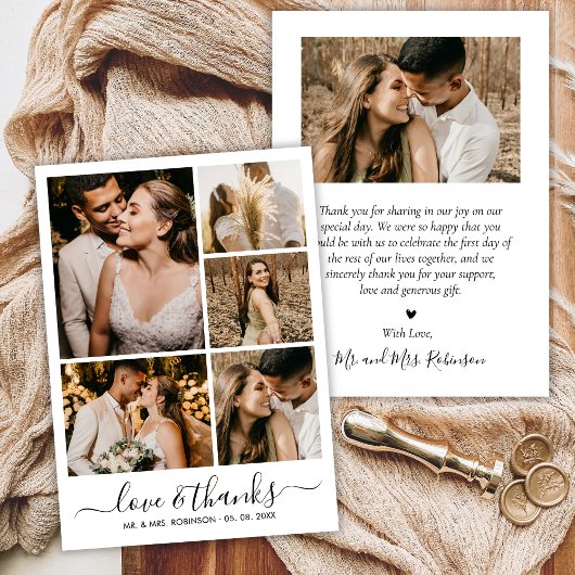 Chic Liefde en Dank Script Foto Collage Trouwen Bedankkaart