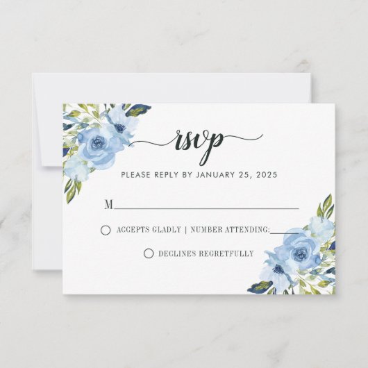 Chic Light Blue Floral Waterverf Spring Wedding RSVP Kaartje (Voorkant)