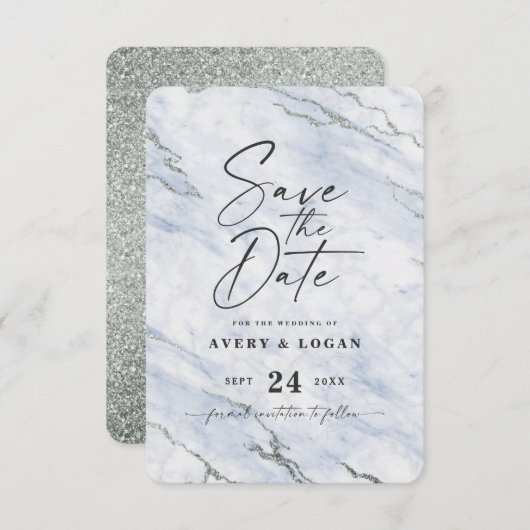Chic Light Blue Marble met Silver Glitter Save The Date (Voorkant / Achterkant)
