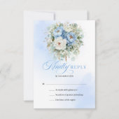 Chic Light Blue Peonies Gold Wedding RSVP (Voorkant)