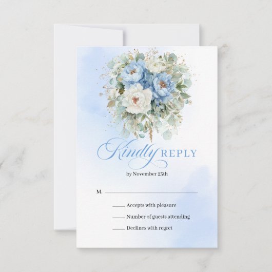 Chic Light Blue Peonies Gold Wedding RSVP (Voorkant)