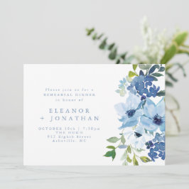 Chic Light Blue Waterverf Floral Rehearsal Dinner Kaart