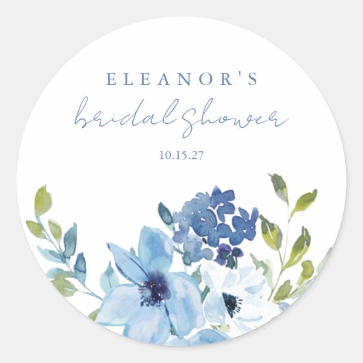 Chic Light Blue Waterverf Floral Vrijgezellenfeest Ronde Sticker (Voorkant)