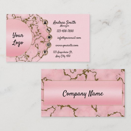 Chic Light Blush Pink Marble Gold Glitter Script Visitekaartje (Voorkant / Achterkant)