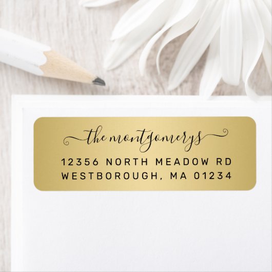 Chic Light Gold Black Script Metal Return Address Etiket (Insitu)