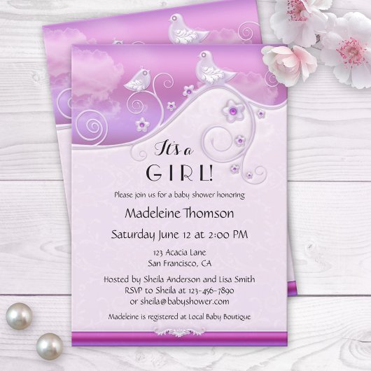 Chic Lila Bloemenvogel Baby shower Uitnodiging