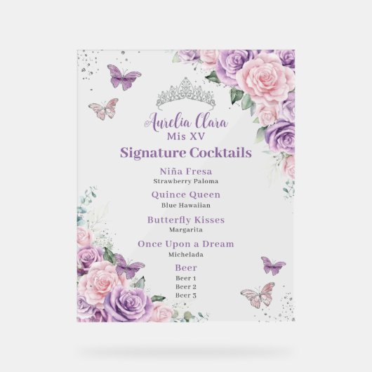 Chic Lila Roze Bloemen Quinceanera Bar Drink Menu Acryl Bord (Voorkant)