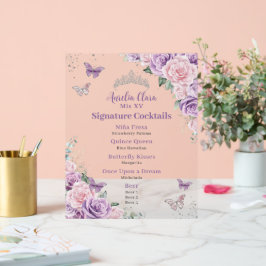 Chic Lila Roze Bloemen Quinceanera Bar Drink Menu Acryl Bord