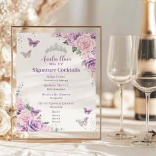 Chic Lila Roze Bloemen Quinceanera Bar Drink Menu Poster