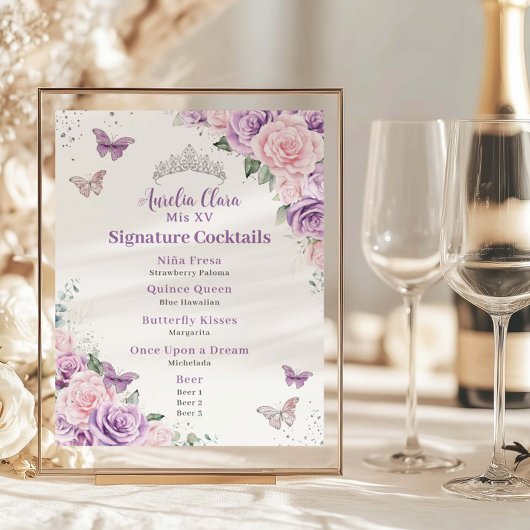 Chic Lila Roze Bloemen Quinceanera Bar Drink Menu Poster