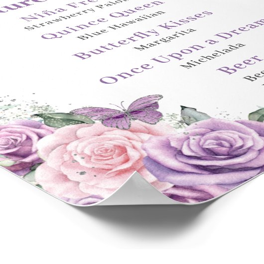 Chic Lila Roze Bloemen Quinceanera Bar Drink Menu Poster (Hoek)