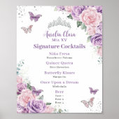 Chic Lila Roze Bloemen Quinceanera Bar Drink Menu Poster (Voorkant)