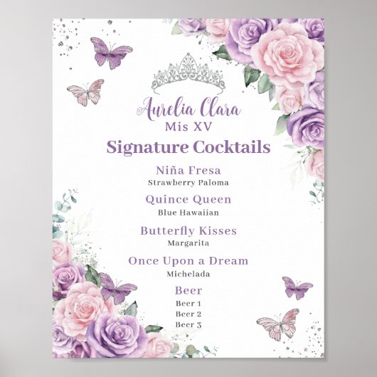 Chic Lila Roze Bloemen Quinceanera Bar Drink Menu Poster (Voorkant)