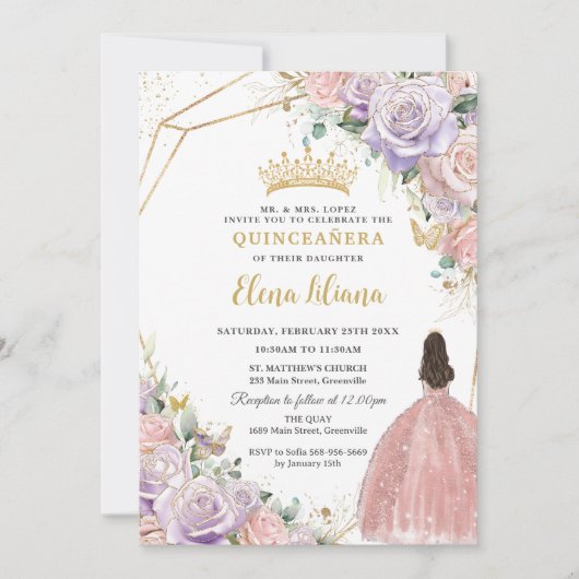 Chic Lila Roze Bloemen Rozen Quinceanera Sweet 16 Kaart (Voorkant)