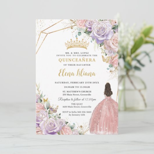 Chic Lila Roze Bloemen Rozen Quinceanera Sweet 16 Kaart (Staand voorkant)