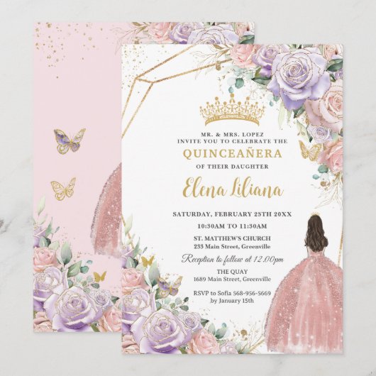 Chic Lila Roze Bloemen Rozen Quinceanera Sweet 16 Kaart (Voorkant / Achterkant)