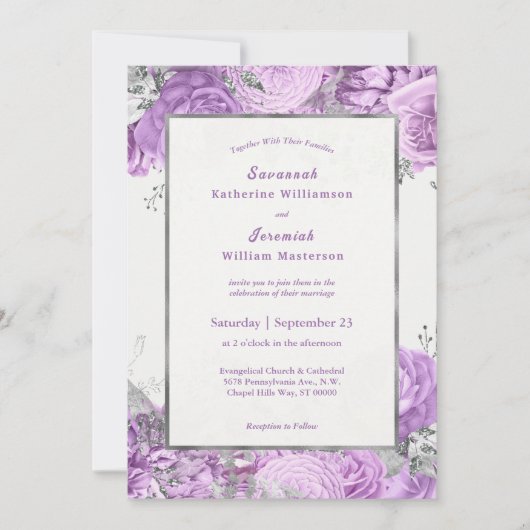 Chic Lila Silver Floral  Wedding Kaart (Voorkant)