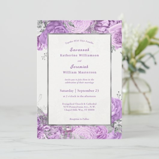 Chic Lila Silver Floral  Wedding Kaart (Staand voorkant)