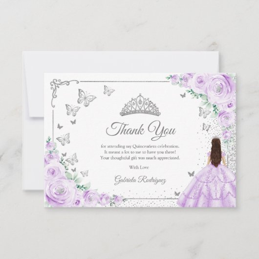 Chic Lilac Purple Roses Silver Quinceanera Bedankkaart (Voorkant)