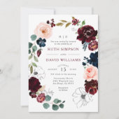 Chic Line Art Burgundy Navy Floral Blossom Wedding Kaart (Voorkant)