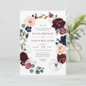 Chic Line Art Burgundy Navy Floral Blossom Wedding Kaart (Staand voorkant)