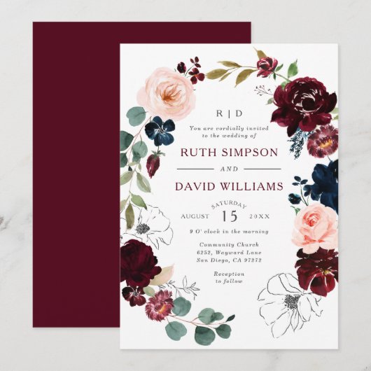 Chic Line Art Burgundy Navy Floral Blossom Wedding Kaart (Voorkant / Achterkant)