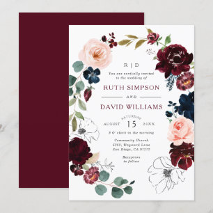 Chic Line Art Burgundy Navy Floral Blossom Wedding Kaart