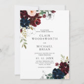 Chic Line Art Sketch Bourgondië Navy Bloemen Huwel Kaart (Voorkant)