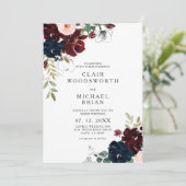 Chic Line Art Sketch Bourgondië Navy Bloemen Huwel Kaart (Staand voorkant)