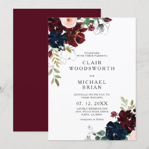 Chic Line Art Sketch Burgundy Navy Floral Wedding  Kaart