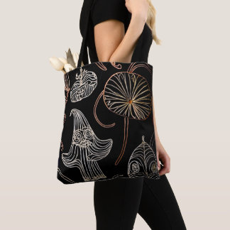 Chic line art zwarte achtergrond bos herfst tote bag