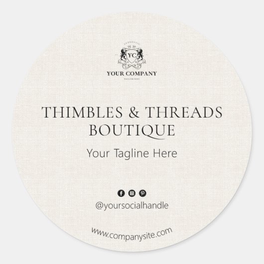 Chic Linen Business Logo Name Marketing  Ronde Sticker (Voorkant)