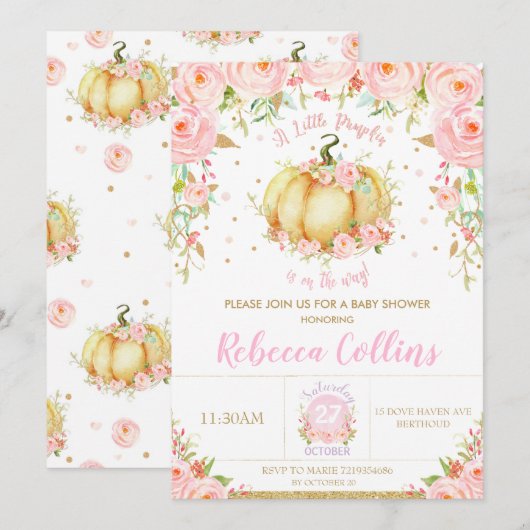 Chic Little Pumpkin Pink Floral Girl Baby shower Kaart (Voorkant / Achterkant)