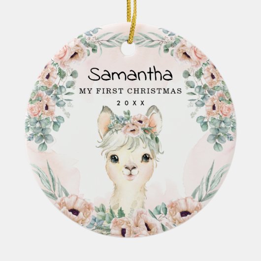 Chic Llama Blush Floral Baby Girl Eerste Kerstmis Keramisch Ornament (Voorkant)